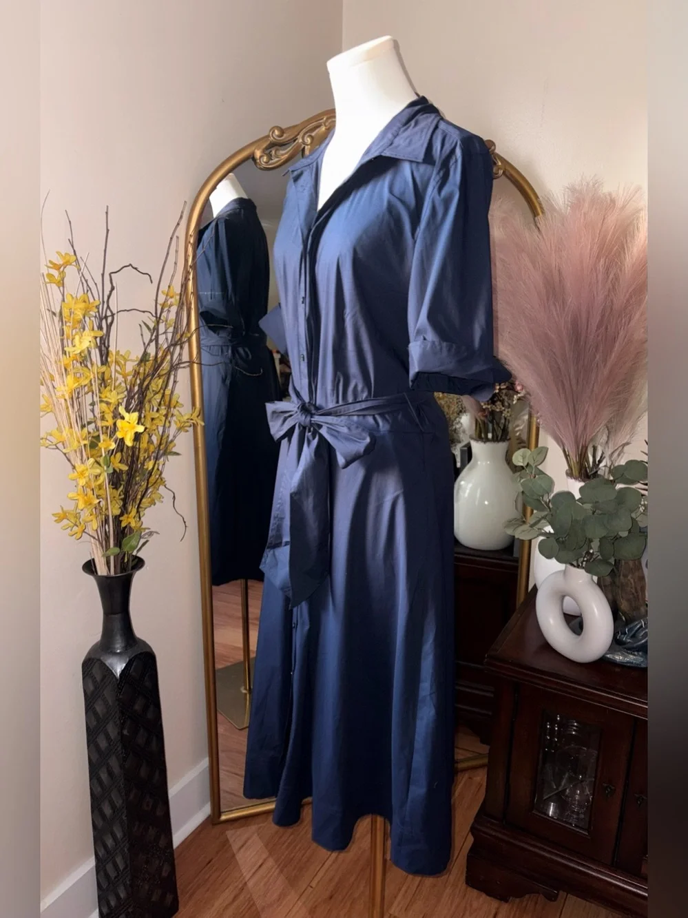 Lauren Ralph Lauren black label Navy button up maxi Dress with Tie Belt - Picture 4 of 9